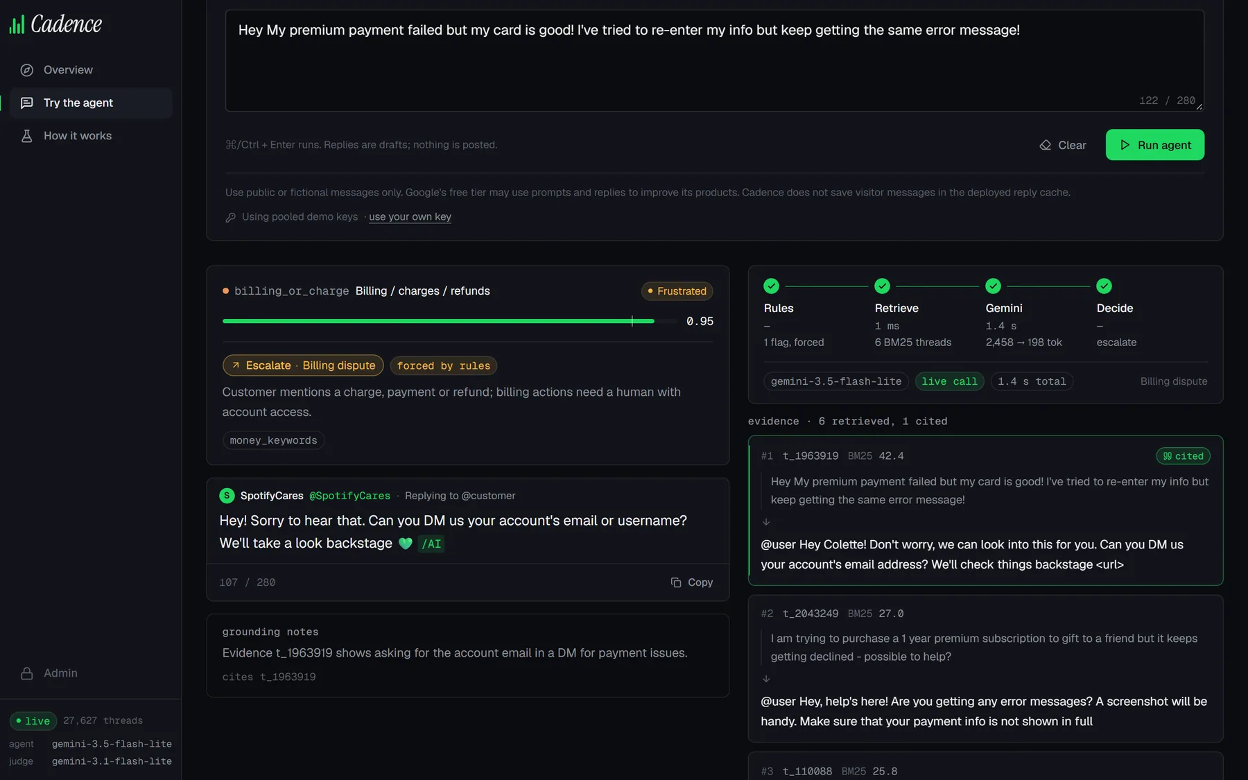 Cadence agent playground — a billing tweet classified as billing_or_charge at 0.95 confidence and escalated by rules, beside the drafted reply, the Rules → Retrieve → Gemini → Decide timeline and the cited evidence