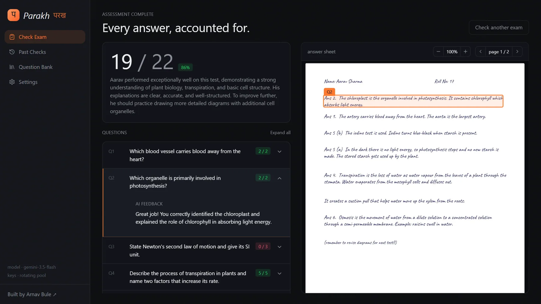 Parakh results view — extracted questions with score pills and AI feedback beside the handwritten answer sheet, with the selected answer's ink region highlighted on the page