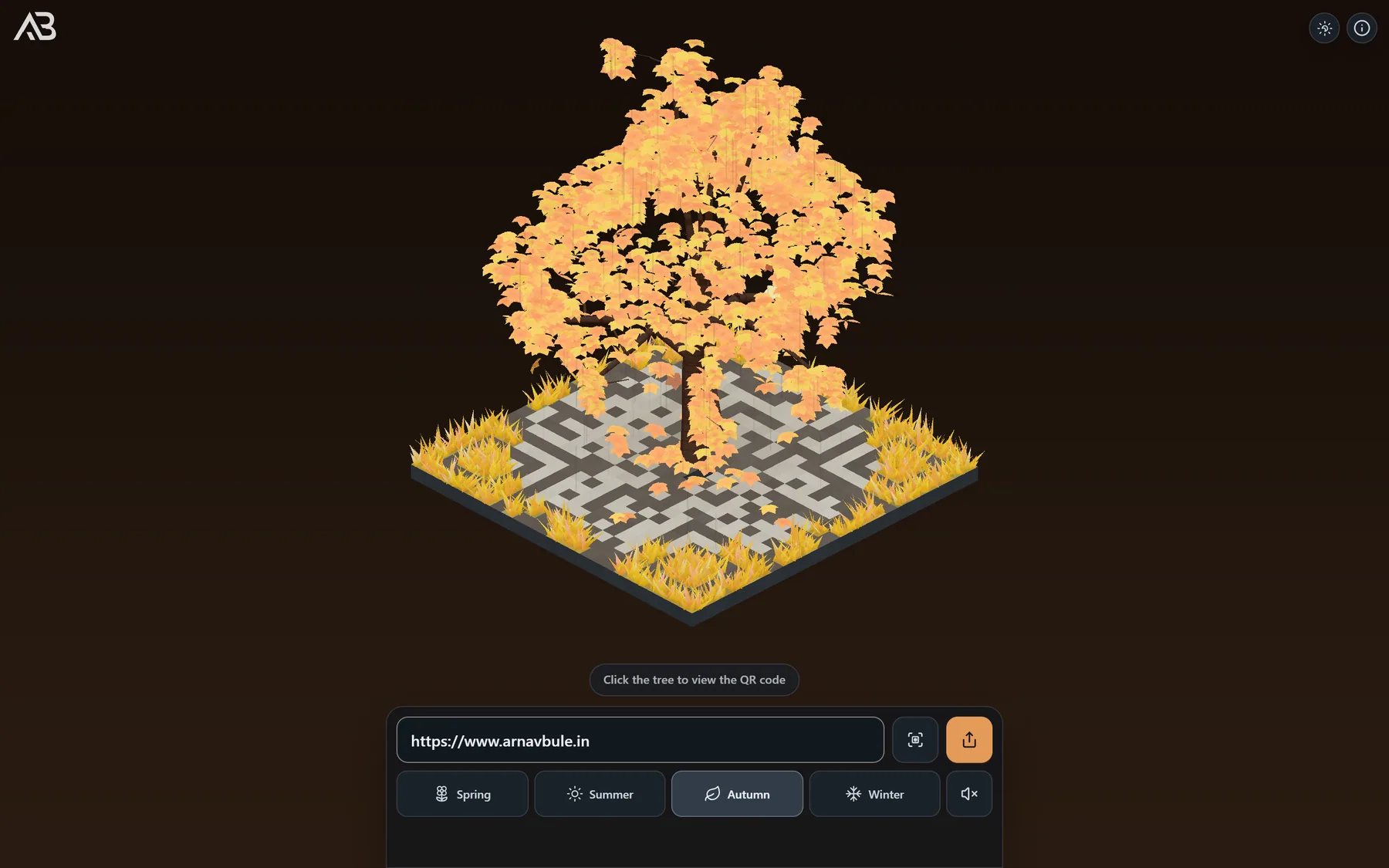 QR Studio — a WebGPU voxel tree in the Autumn theme (dark mode) whose golden canopy encodes a scannable QR code for www.arnavbule.in, above the message input and season picker