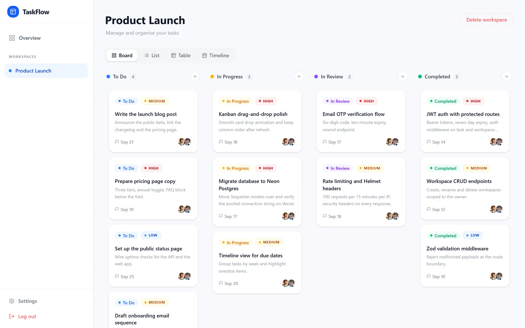 Mini Task Tracker — the Kanban board of a Product Launch workspace with To Do, In Progress, In Review and Completed columns, priority badges and due dates